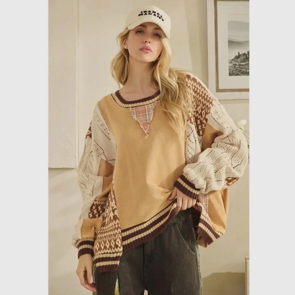 Oli & Hali Patchwork Beige Cream and Brown Knit Pullover
